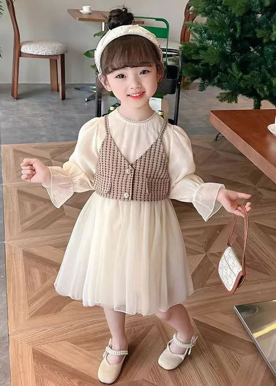 Coffee Wrinkled Tulle Girls Two Pieces Set O Neck Long Sleeve XZ076