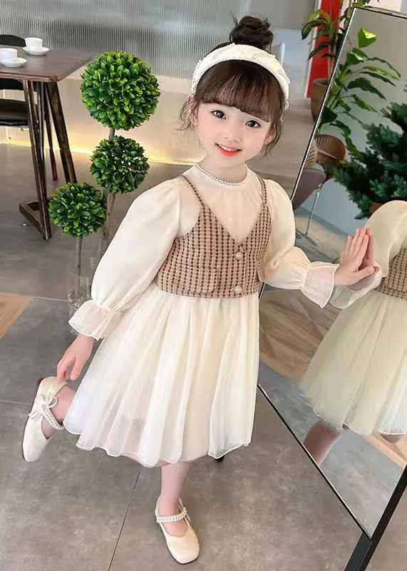 Coffee Wrinkled Tulle Girls Two Pieces Set O Neck Long Sleeve XZ076