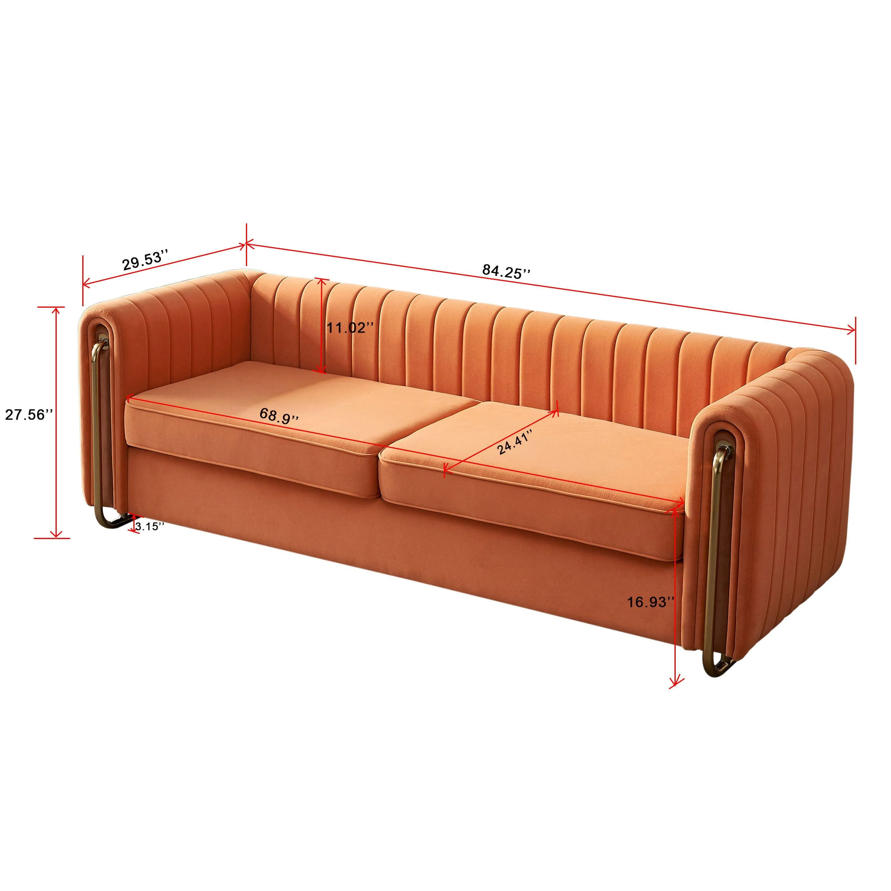 Contemporary Orange Velvet Sofa Couch, 84.25''W, for Living Room