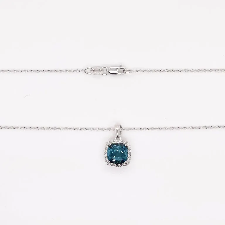 Cushion Blue Topaz Diamond Halo Necklace