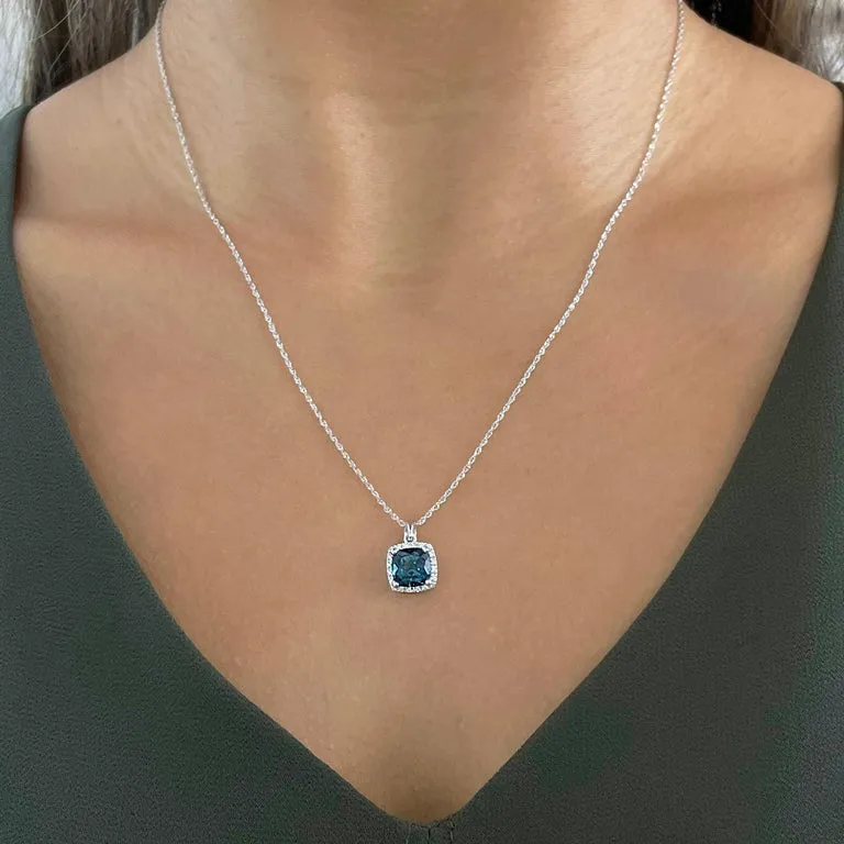 Cushion Blue Topaz Diamond Halo Necklace