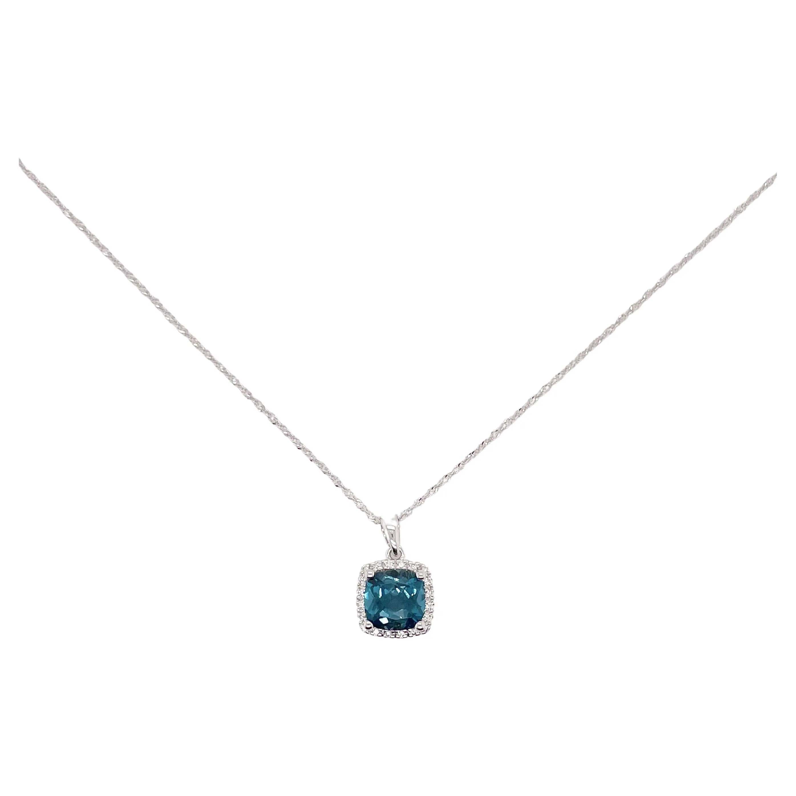 Cushion Blue Topaz Diamond Halo Necklace