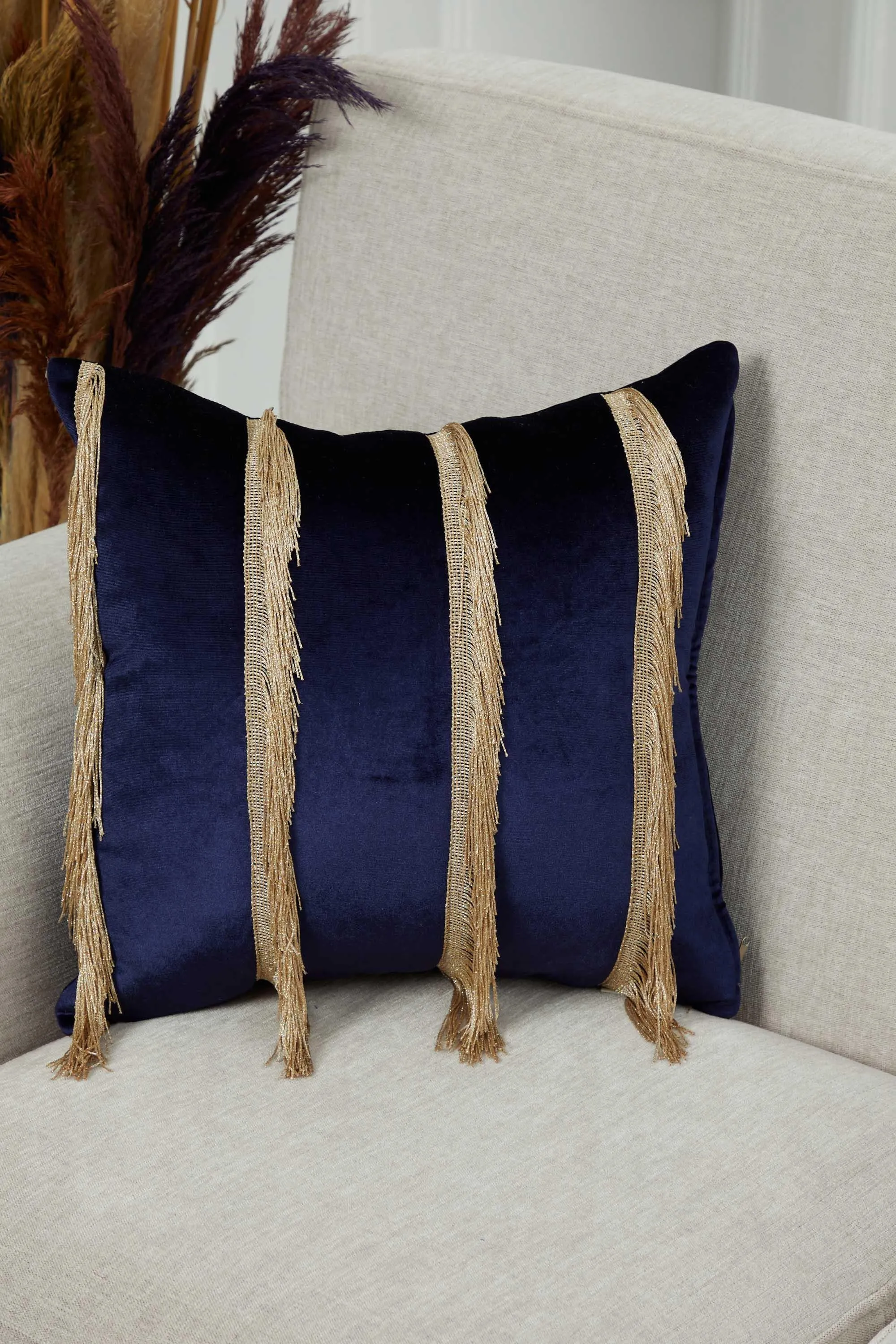 Elegant 18x18 Velvet Pillow Cover with Hanging Fringes, Decorative Cushion Cover for Modern Home Decorations, Housewarming Pillow Gift,K-352