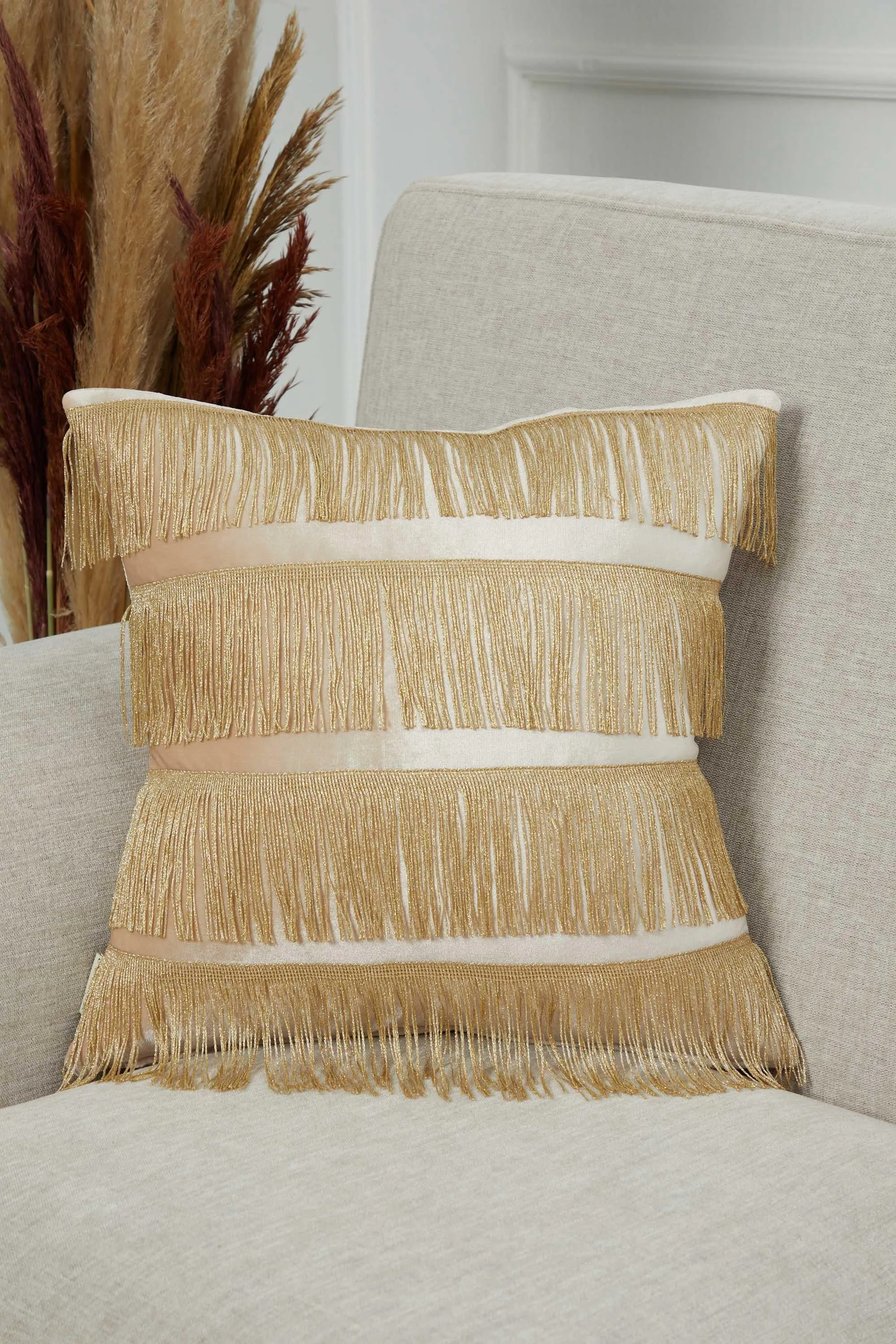 Elegant 18x18 Velvet Pillow Cover with Hanging Fringes, Decorative Cushion Cover for Modern Home Decorations, Housewarming Pillow Gift,K-352