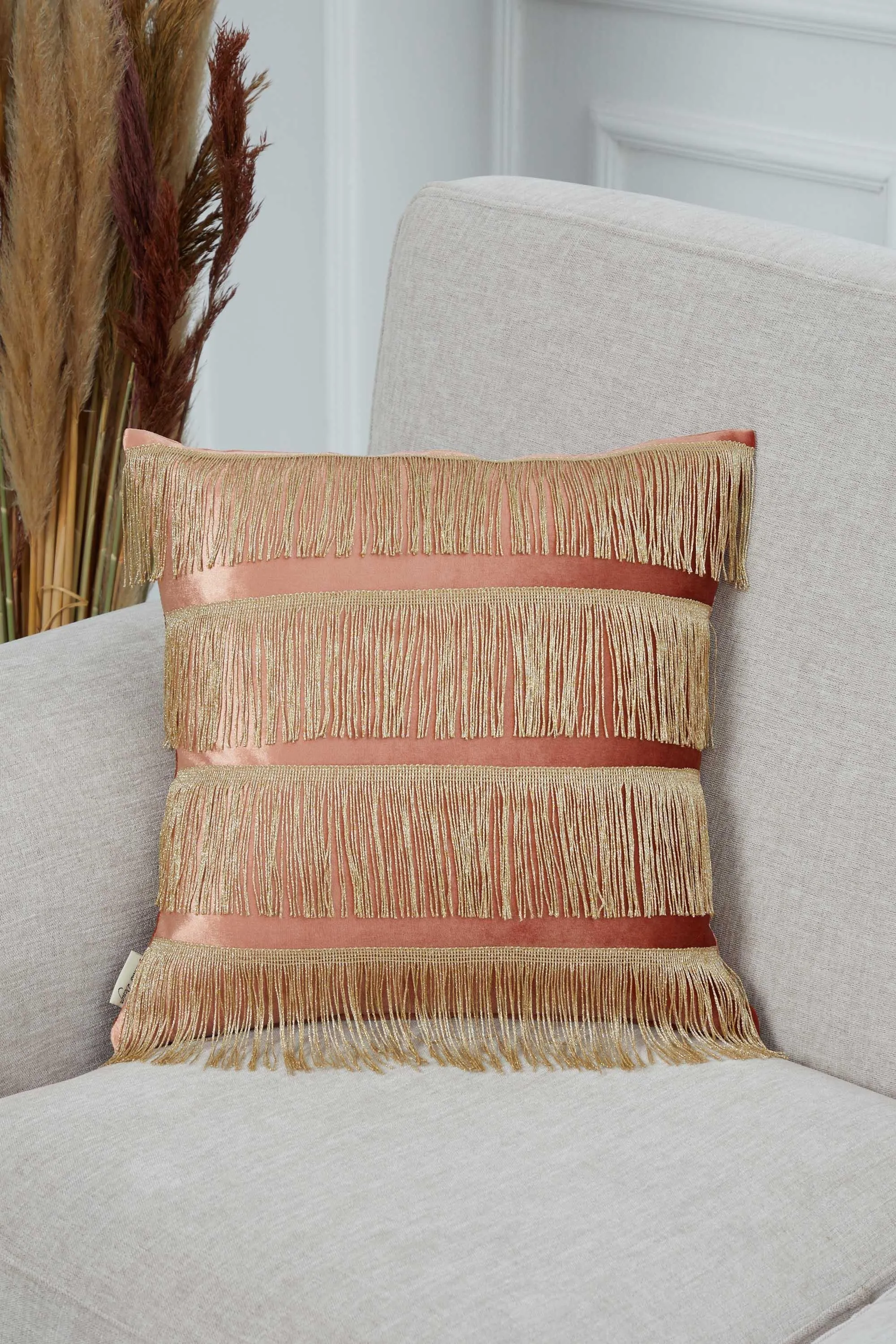 Elegant 18x18 Velvet Pillow Cover with Hanging Fringes, Decorative Cushion Cover for Modern Home Decorations, Housewarming Pillow Gift,K-352