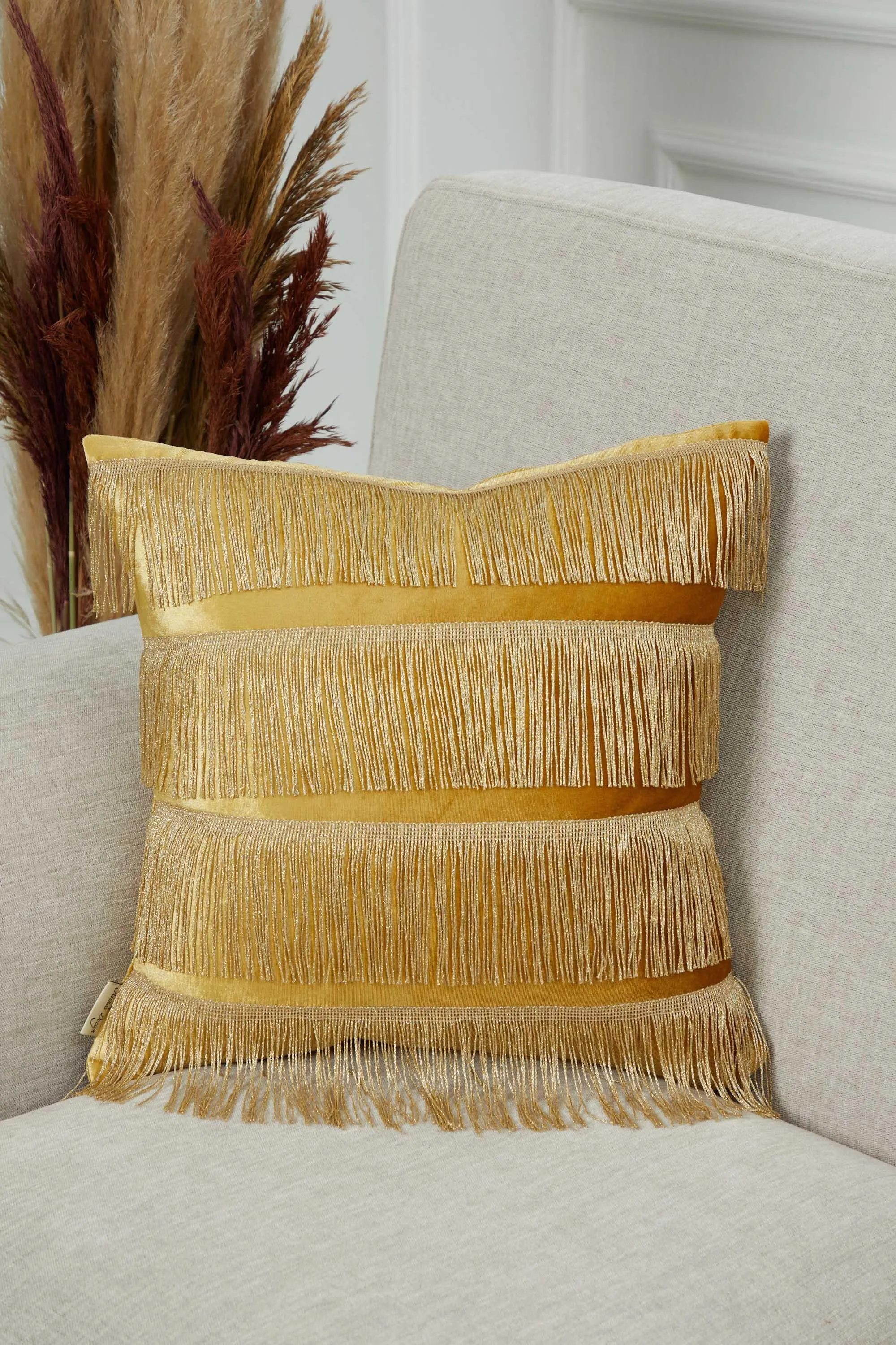 Elegant 18x18 Velvet Pillow Cover with Hanging Fringes, Decorative Cushion Cover for Modern Home Decorations, Housewarming Pillow Gift,K-352