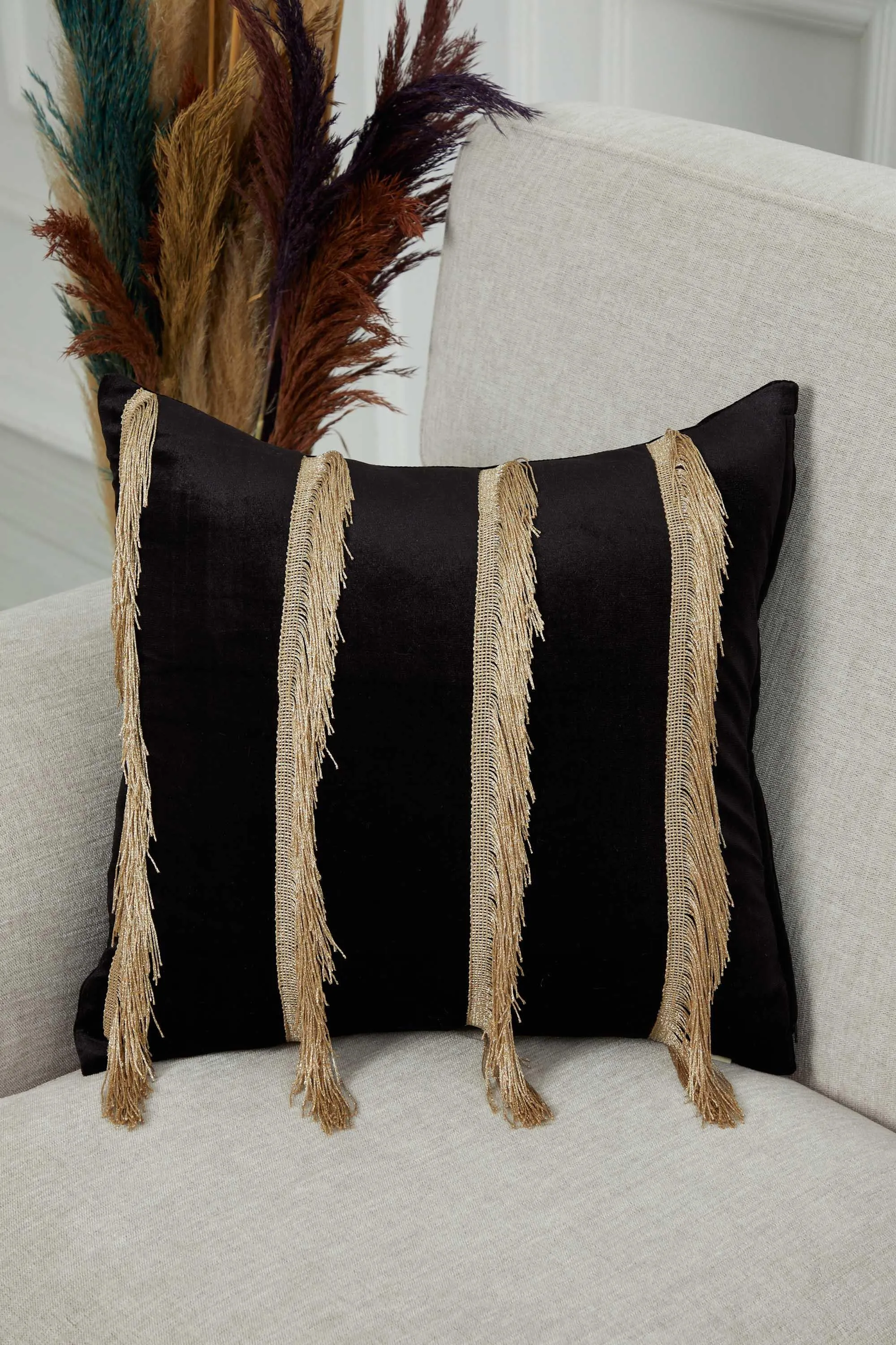 Elegant 18x18 Velvet Pillow Cover with Hanging Fringes, Decorative Cushion Cover for Modern Home Decorations, Housewarming Pillow Gift,K-352