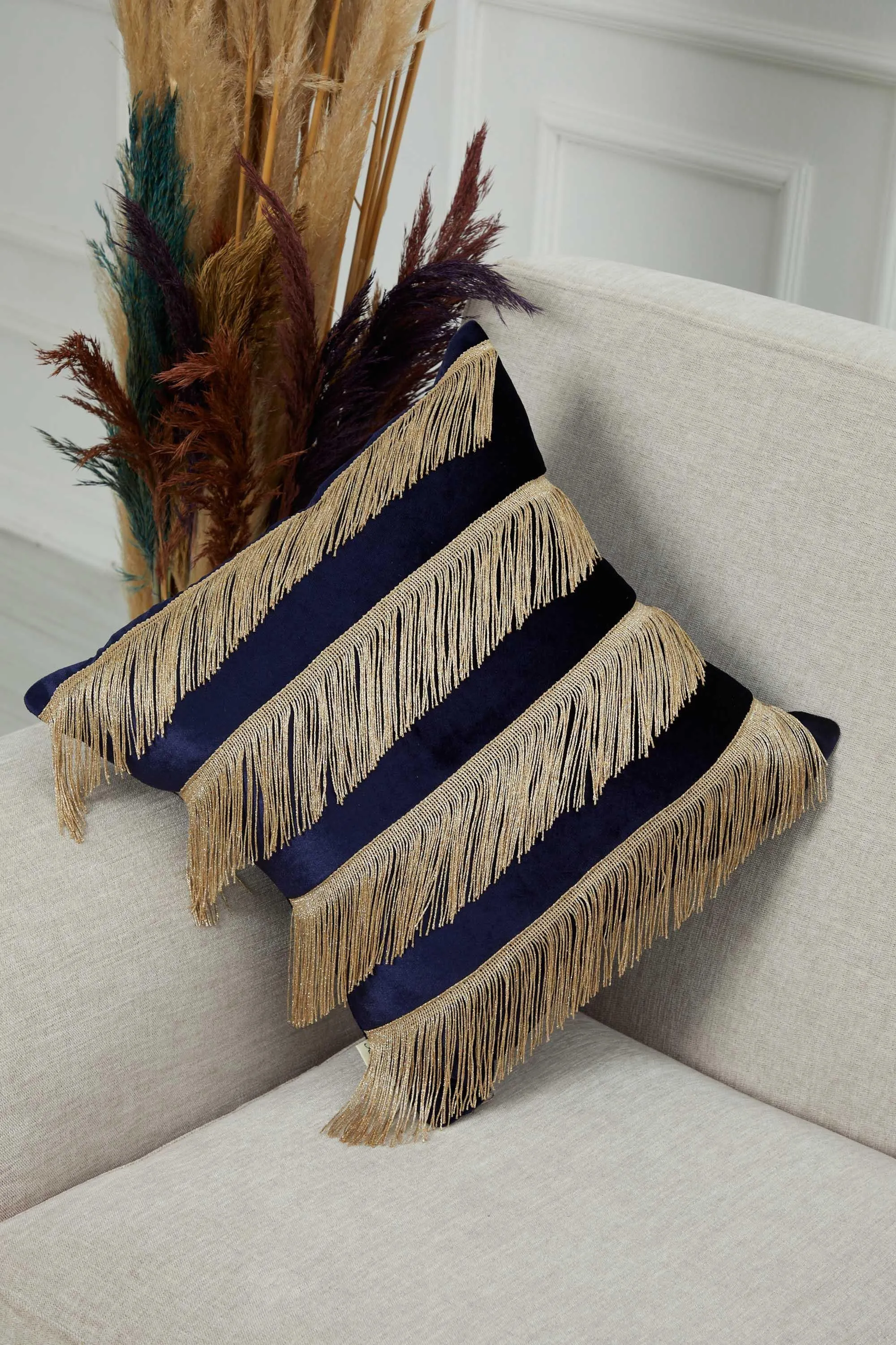 Elegant 18x18 Velvet Pillow Cover with Hanging Fringes, Decorative Cushion Cover for Modern Home Decorations, Housewarming Pillow Gift,K-352