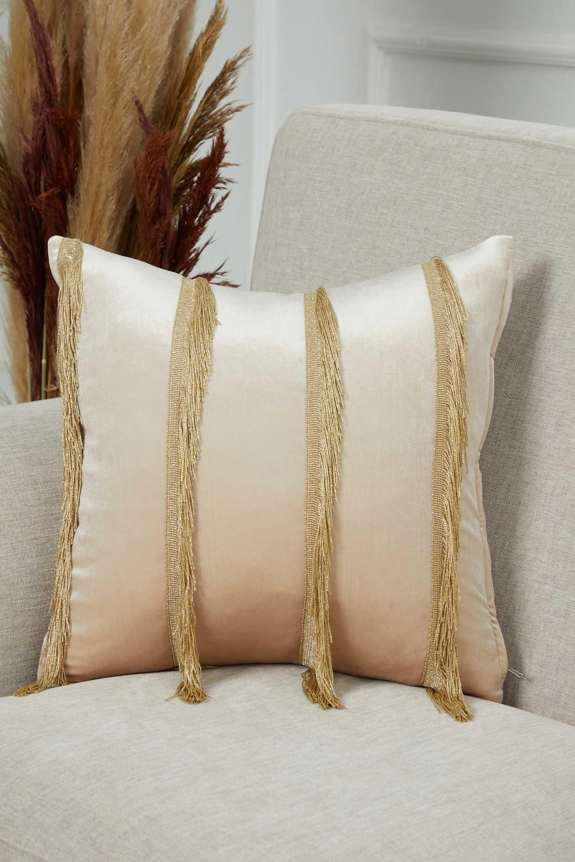 Elegant 18x18 Velvet Pillow Cover with Hanging Fringes, Decorative Cushion Cover for Modern Home Decorations, Housewarming Pillow Gift,K-352