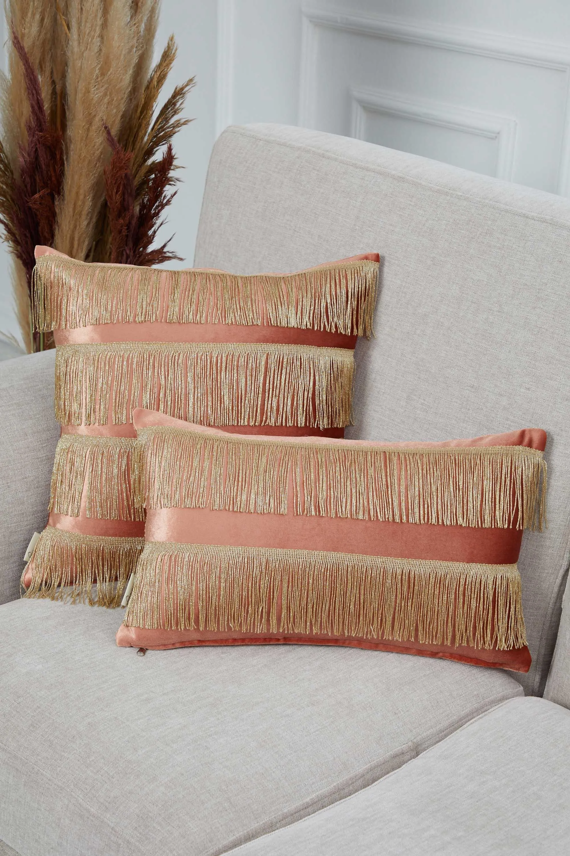 Elegant 18x18 Velvet Pillow Cover with Hanging Fringes, Decorative Cushion Cover for Modern Home Decorations, Housewarming Pillow Gift,K-352