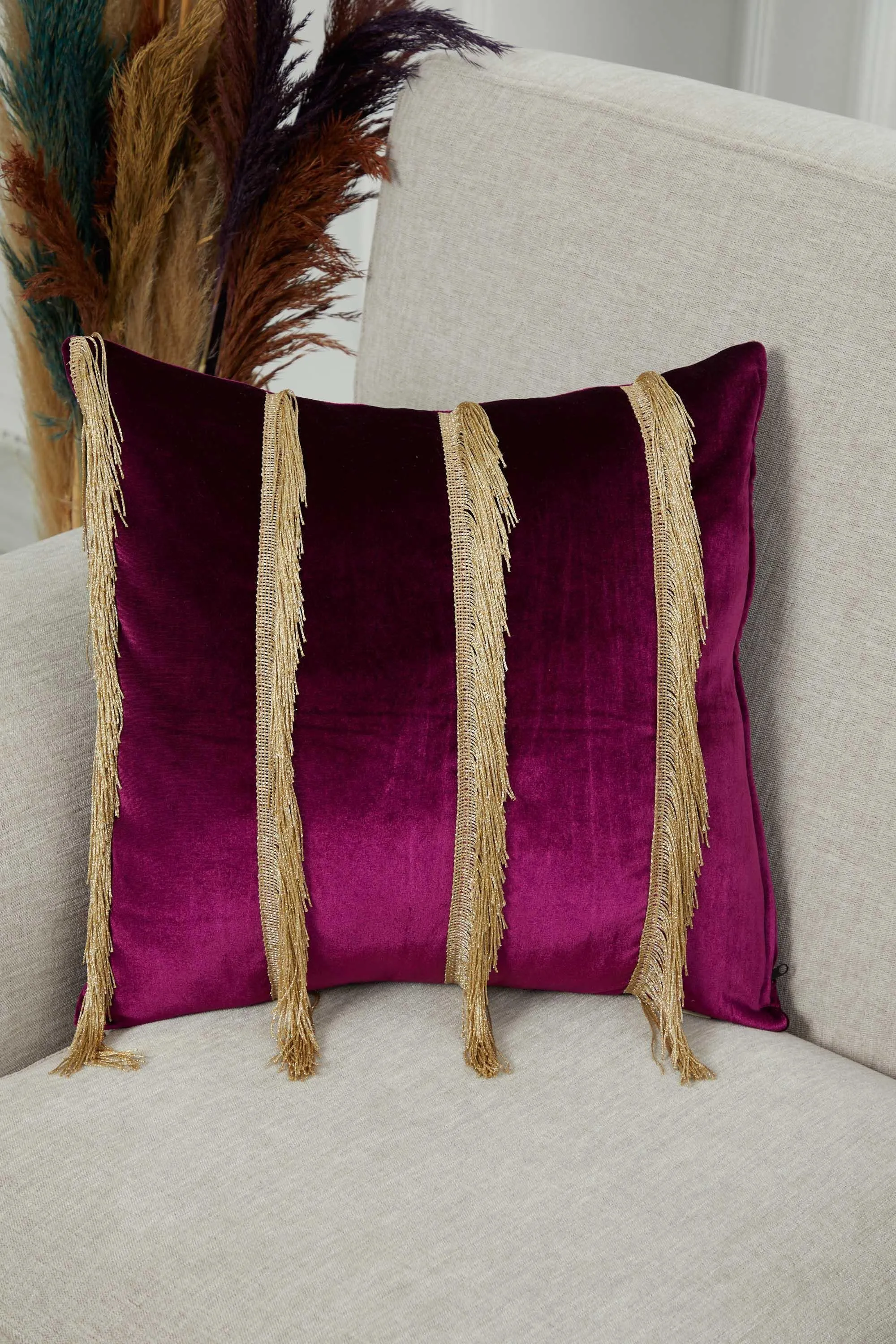 Elegant 18x18 Velvet Pillow Cover with Hanging Fringes, Decorative Cushion Cover for Modern Home Decorations, Housewarming Pillow Gift,K-352