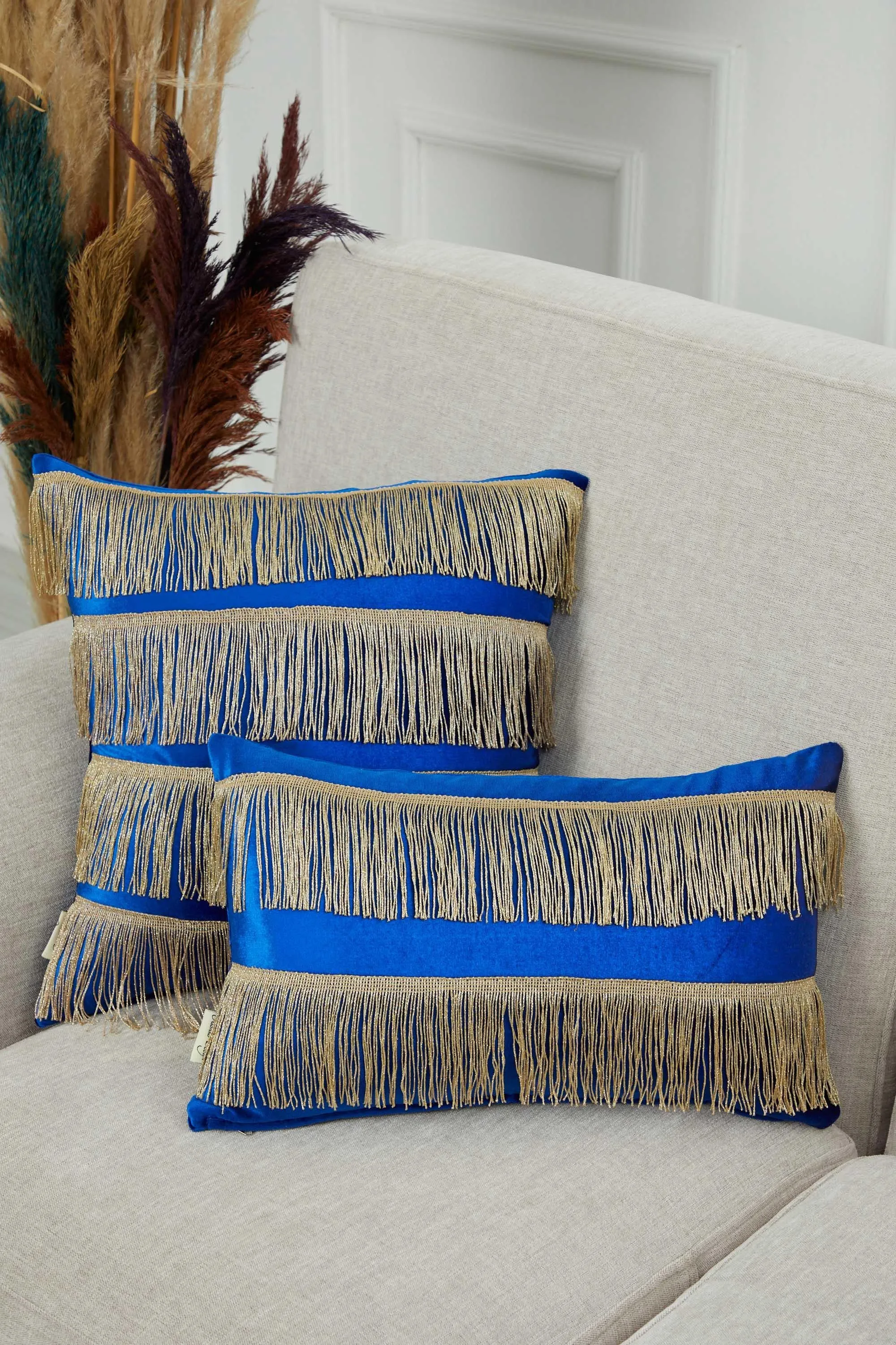 Elegant 18x18 Velvet Pillow Cover with Hanging Fringes, Decorative Cushion Cover for Modern Home Decorations, Housewarming Pillow Gift,K-352