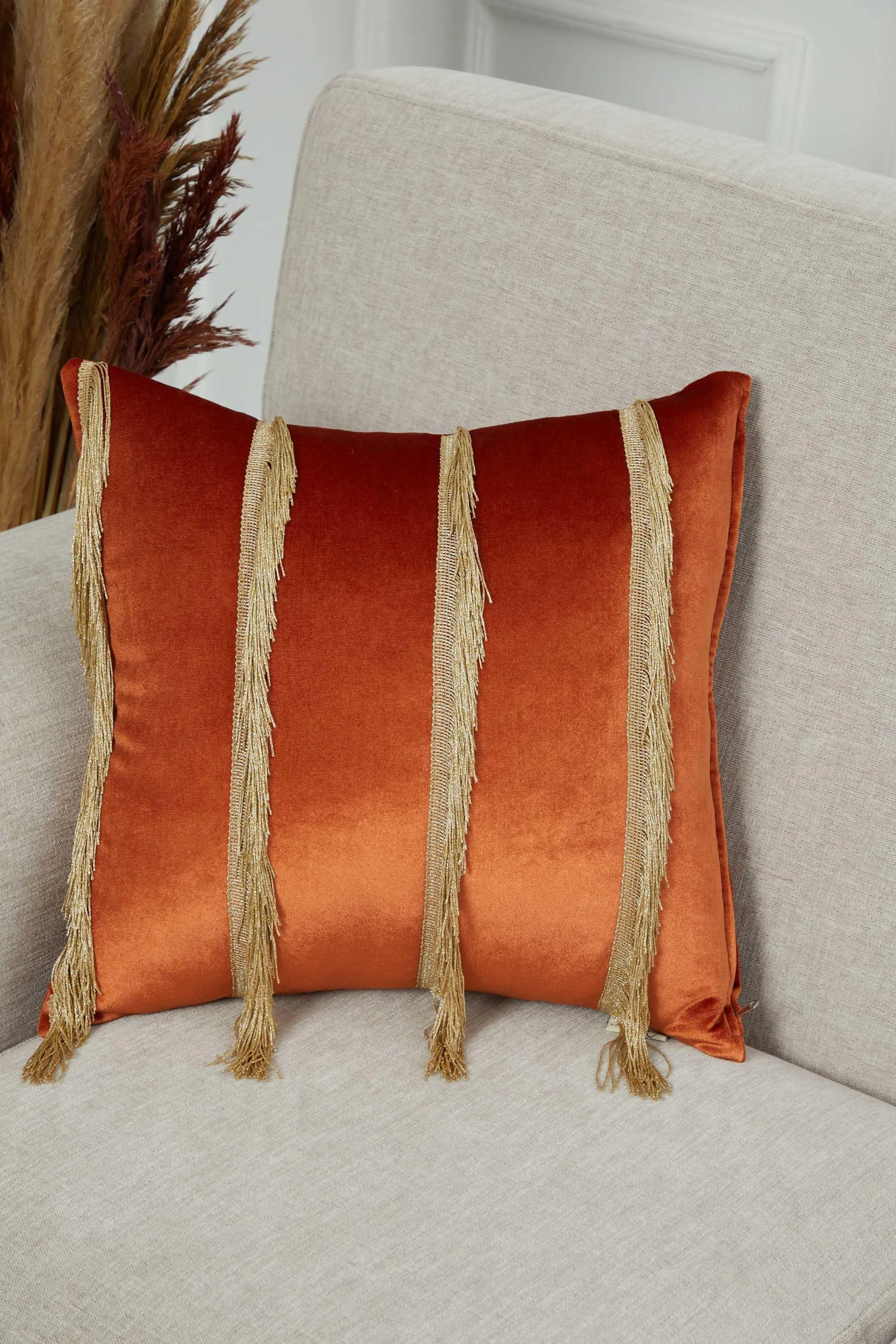 Elegant 18x18 Velvet Pillow Cover with Hanging Fringes, Decorative Cushion Cover for Modern Home Decorations, Housewarming Pillow Gift,K-352