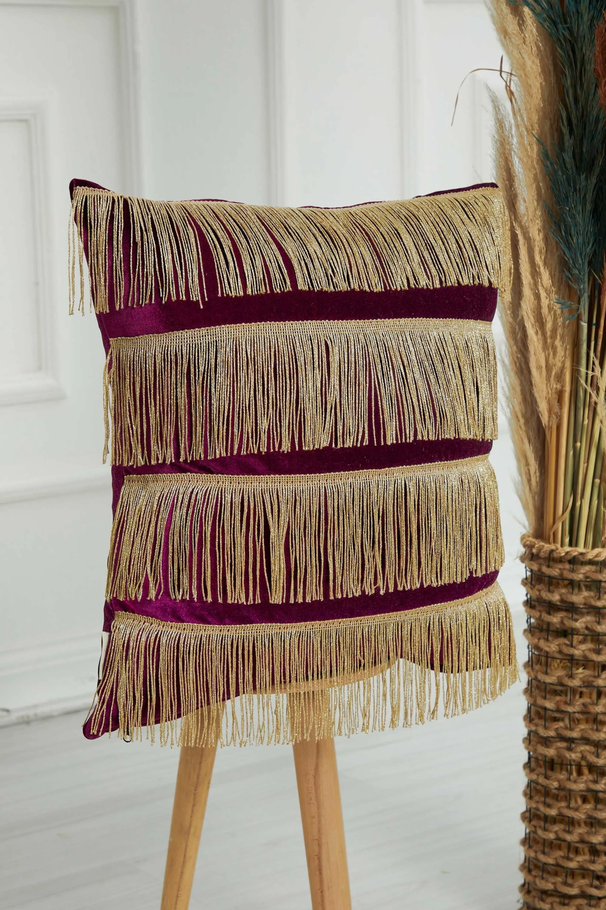 Elegant 18x18 Velvet Pillow Cover with Hanging Fringes, Decorative Cushion Cover for Modern Home Decorations, Housewarming Pillow Gift,K-352