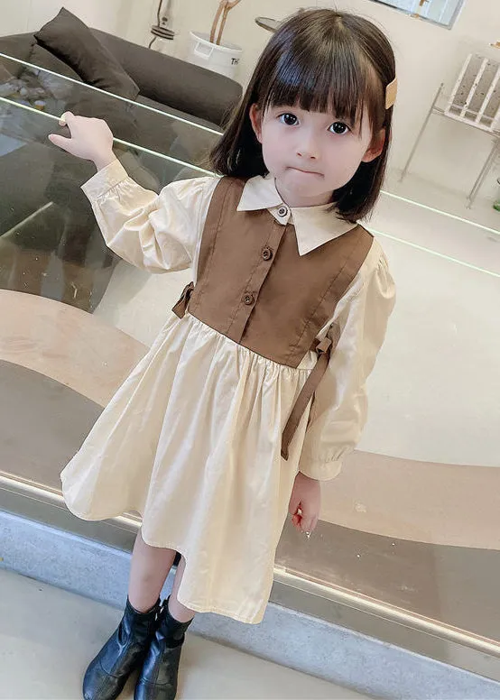 Elegant Brown Peter Pan Collar Button Cotton Girls Dresses Long Sleeve XZ090