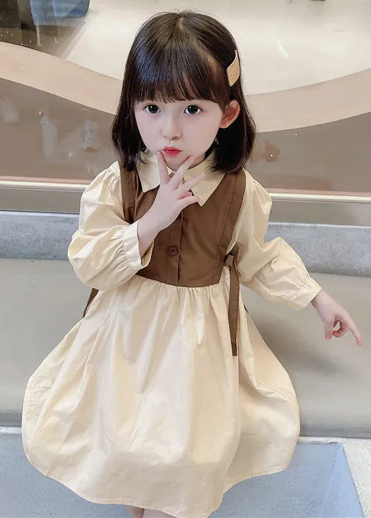 Elegant Brown Peter Pan Collar Button Cotton Girls Dresses Long Sleeve XZ090