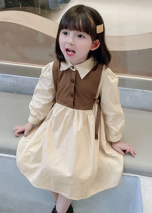 Elegant Brown Peter Pan Collar Button Cotton Girls Dresses Long Sleeve XZ090