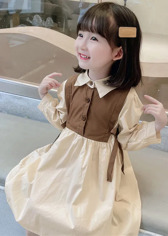 Elegant Brown Peter Pan Collar Button Cotton Girls Dresses Long Sleeve XZ090