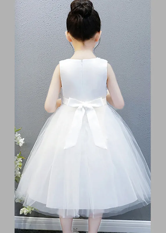 Elegant White O-Neck Floral Bow Tulle Kids Long Gowns Dress Sleeveless XZ048