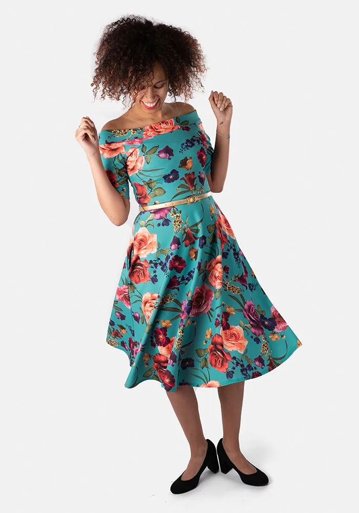 Eleri Teal Floral Swing Dress