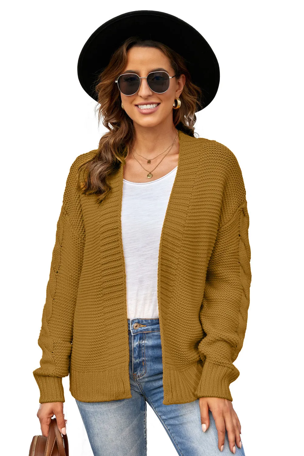 Fahion Brown Open Front Chunky Knit Cardigan