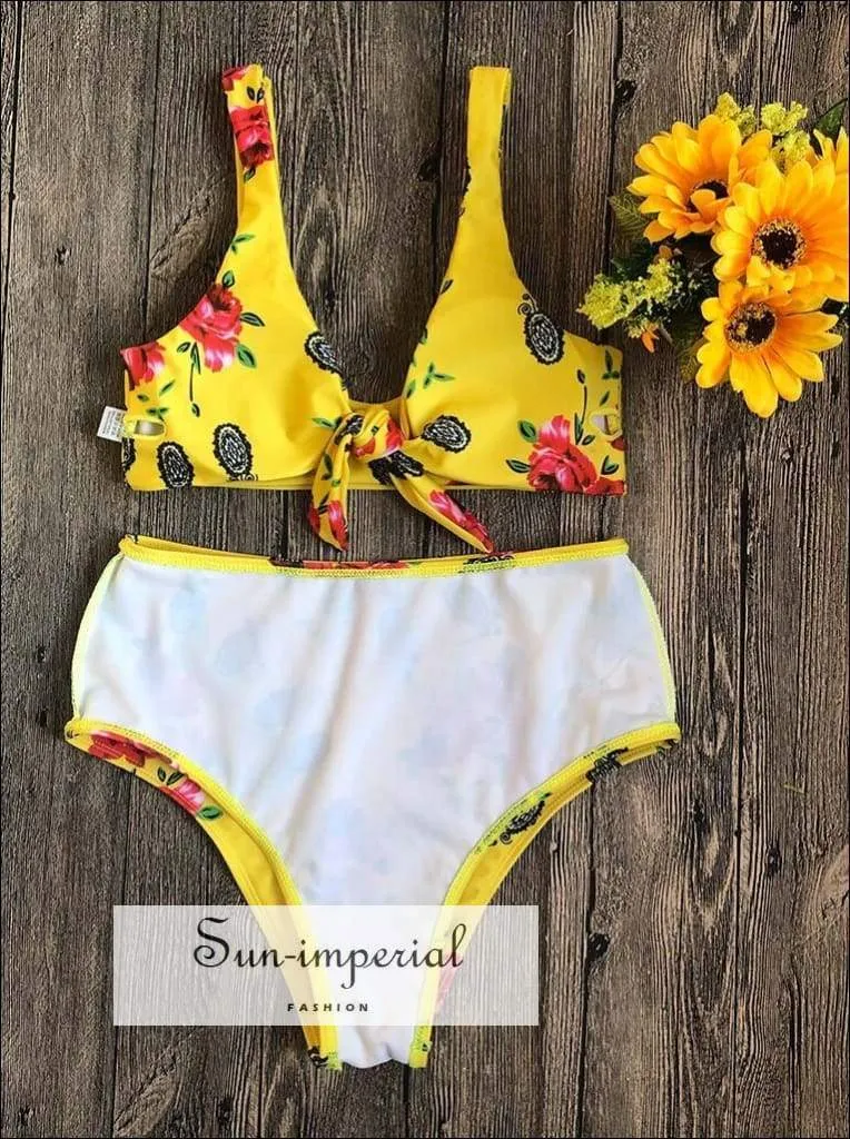 Female Low Waist Bodycon Fit Beach Swimwear Flower Print Fashion Two-piece Bikini Push-up Bra