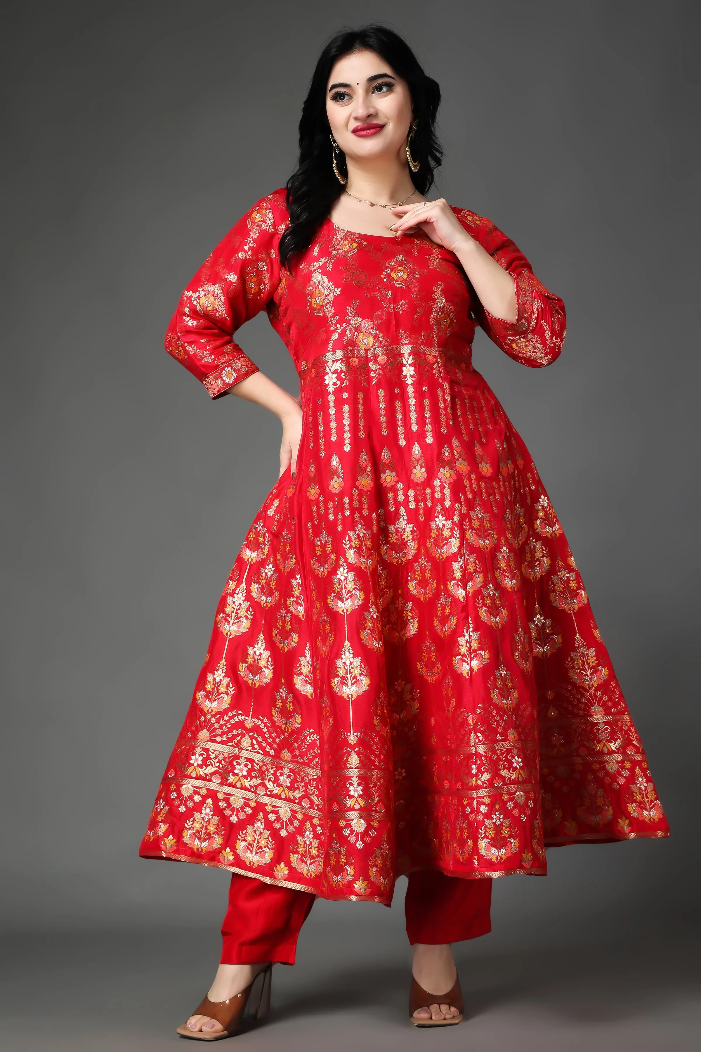 Fiesta Red Tanjore Silk Anarkali Set