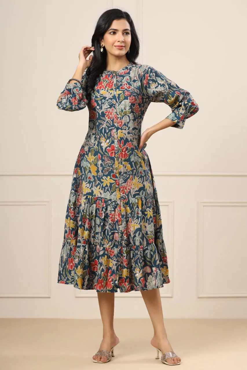 Floral Daizy Blue Silk MIDI Dress