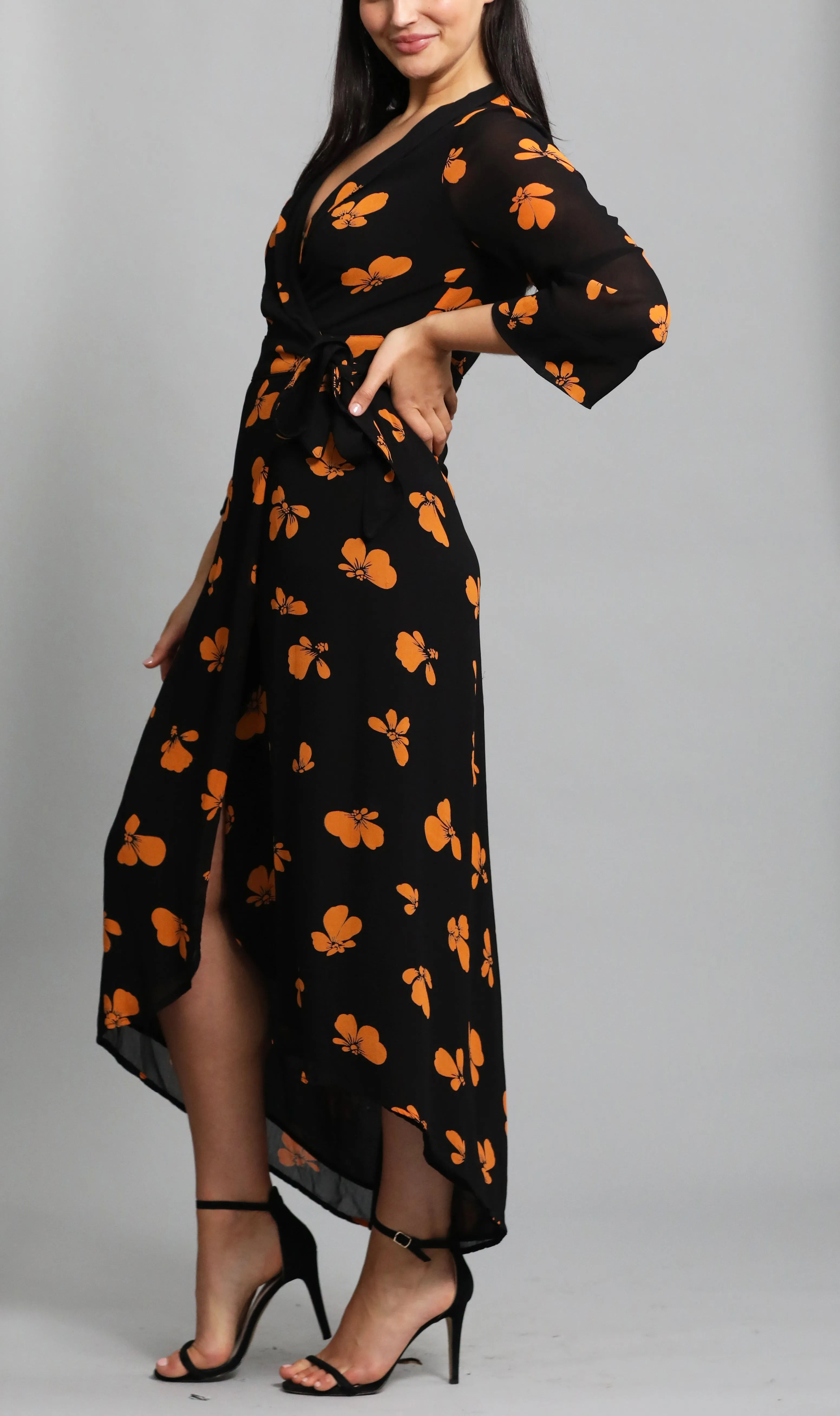 Floral Printed Crepe Wrap Dress in black / orange