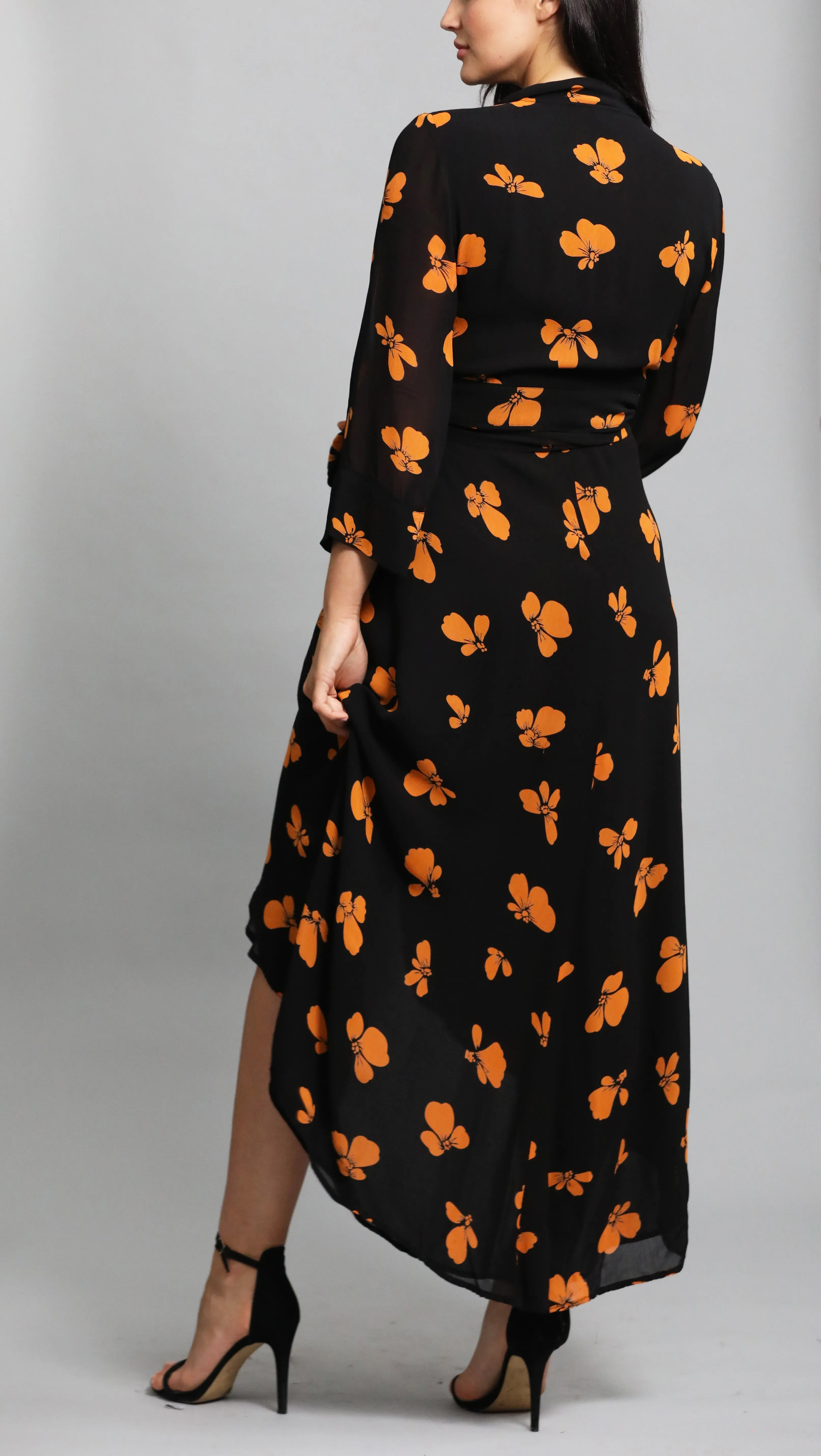 Floral Printed Crepe Wrap Dress in black / orange