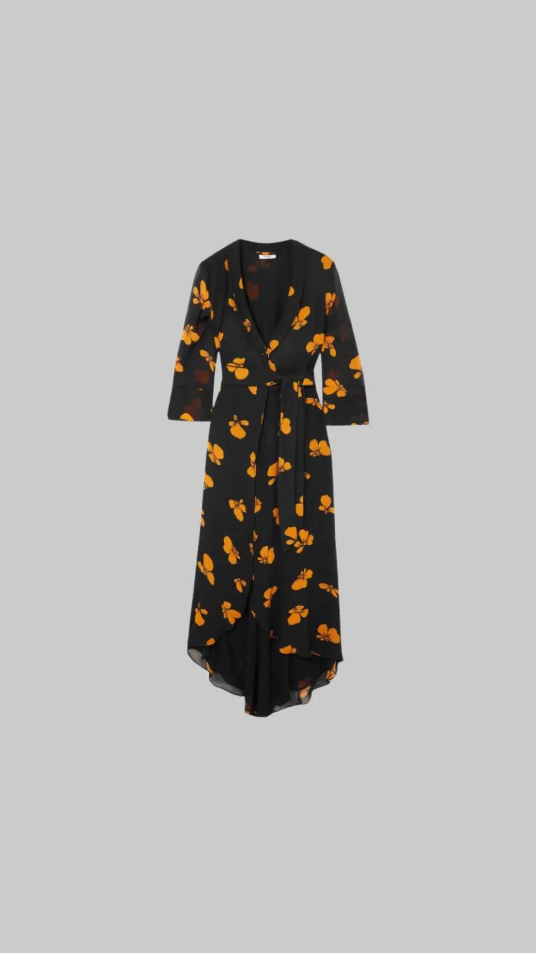 Floral Printed Crepe Wrap Dress in black / orange