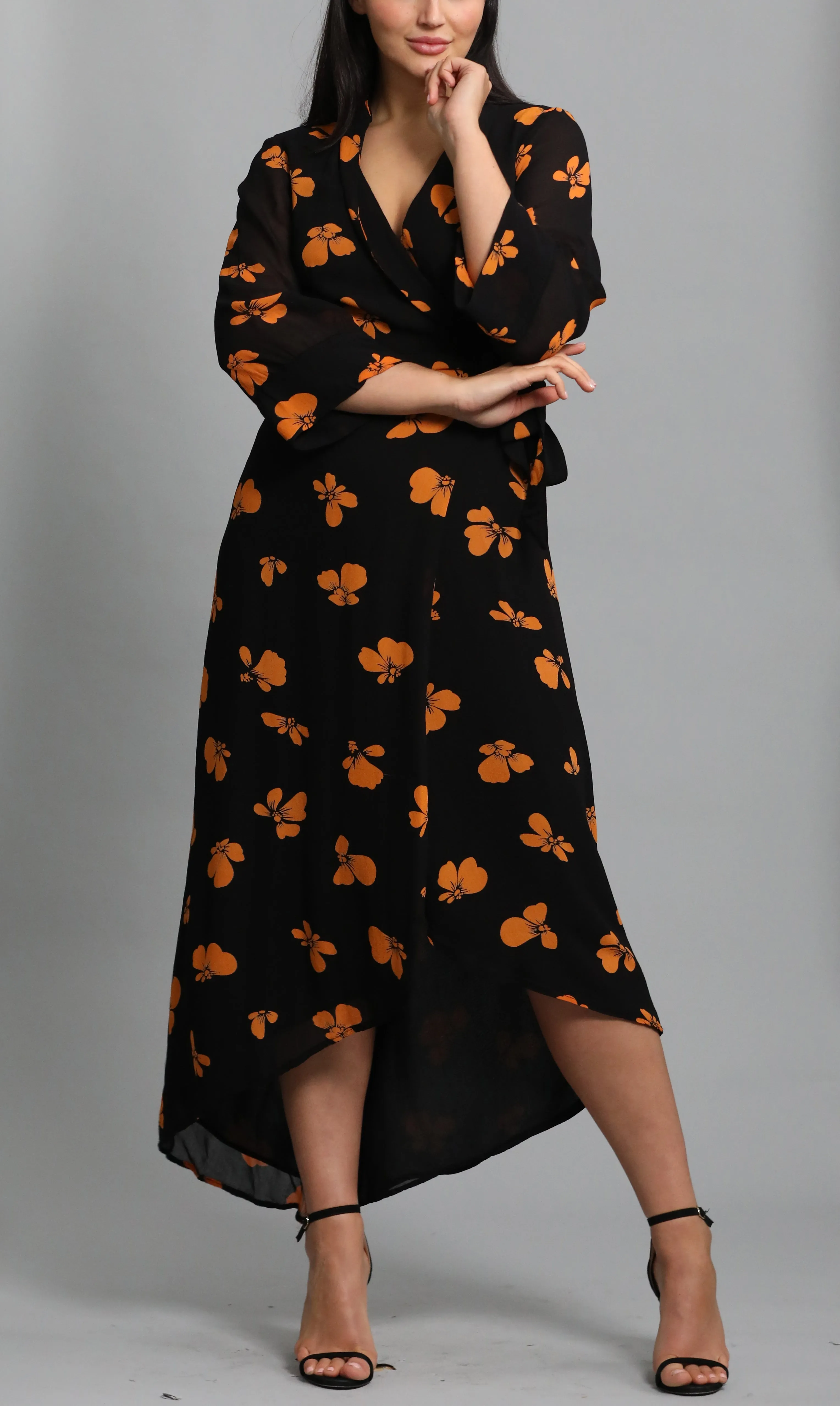 Floral Printed Crepe Wrap Dress in black / orange