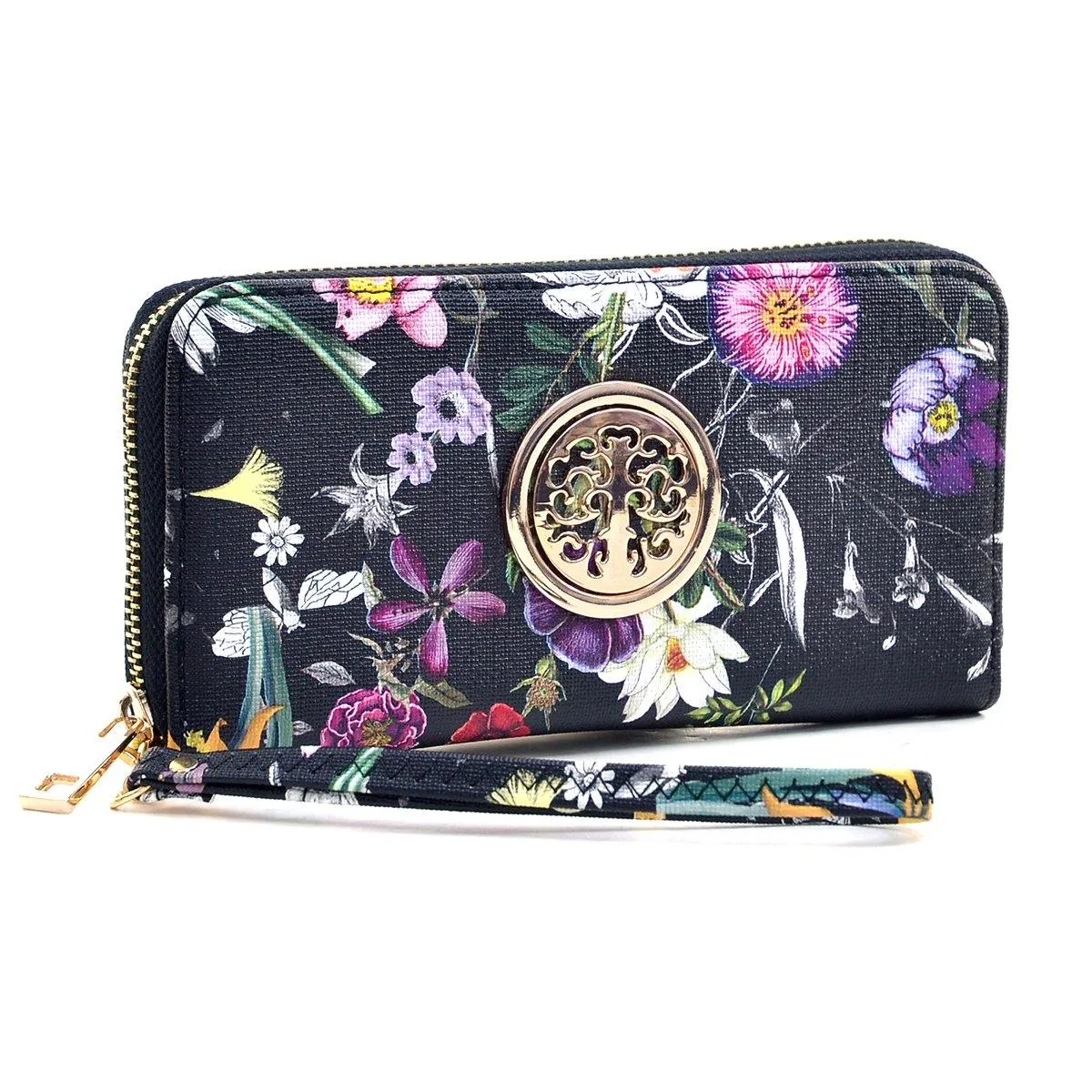 Floral Zip Around Emblem Wallet