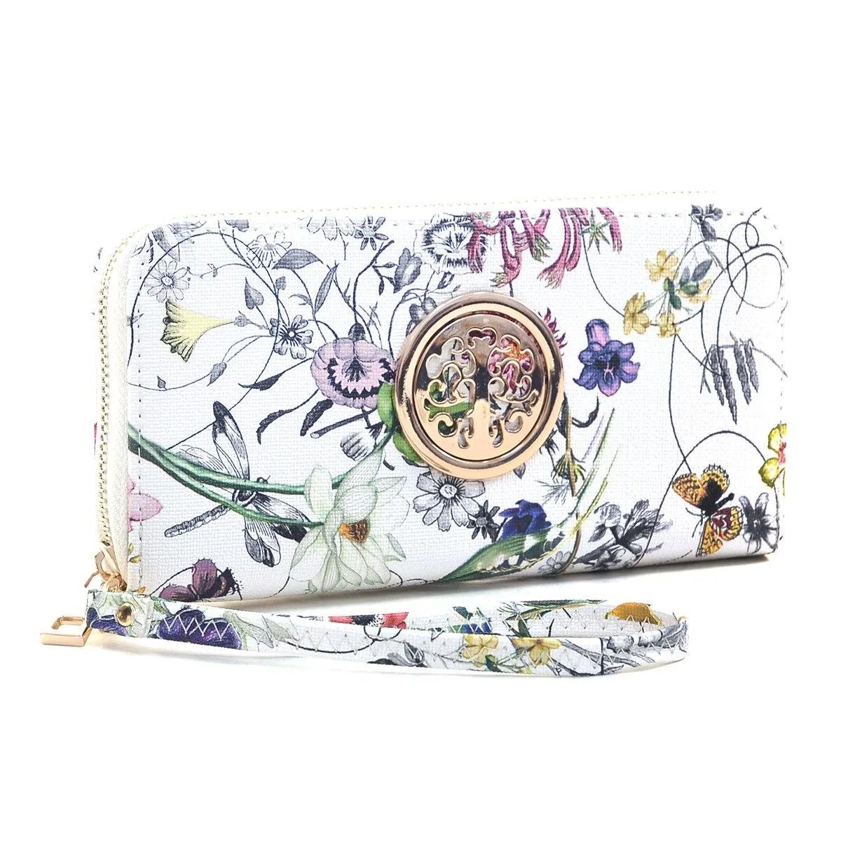 Floral Zip Around Emblem Wallet