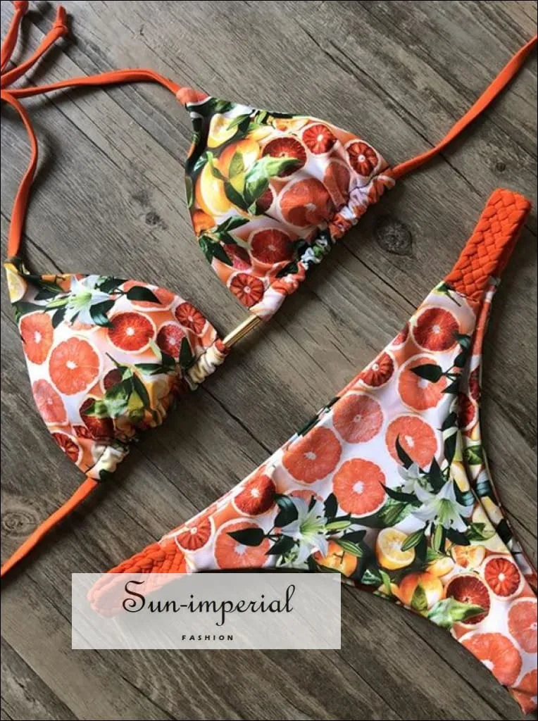 Fruit Print Orange Bikini Set Women’s Swimming Suit Halter Drawstring Bathing Suit