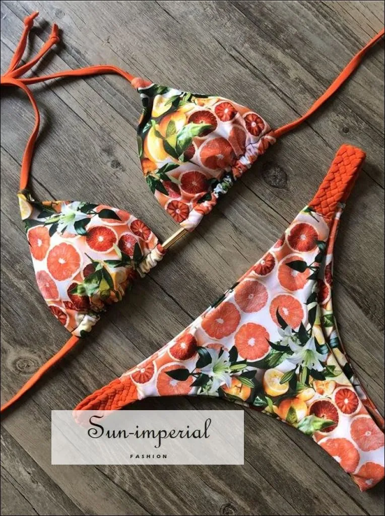 Fruit Print Orange Bikini Set Women’s Swimming Suit Halter Drawstring Bathing Suit