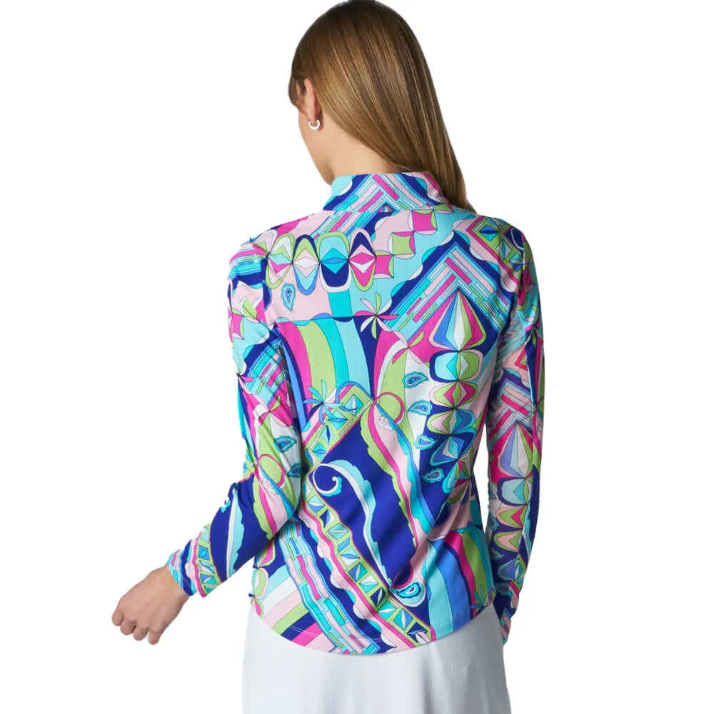 G Lifestyle Paradisio Long Sleeve Zip Mock Neck Top - Multi