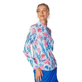 G Lifestyle Print Long Sleeve Zip Mock Neck Top - Tulip