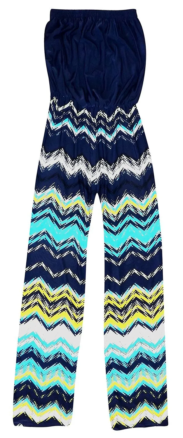 Geometric Blouson Elastic Top Jumpsuit Romper L Multicolor Blue