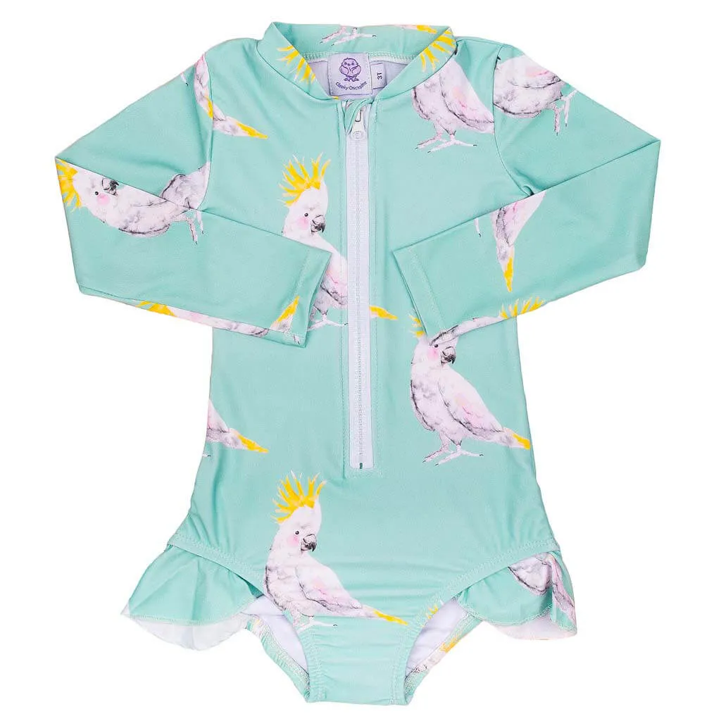 Green Cockatoo Long Sleeve Girls Zip Swimmers