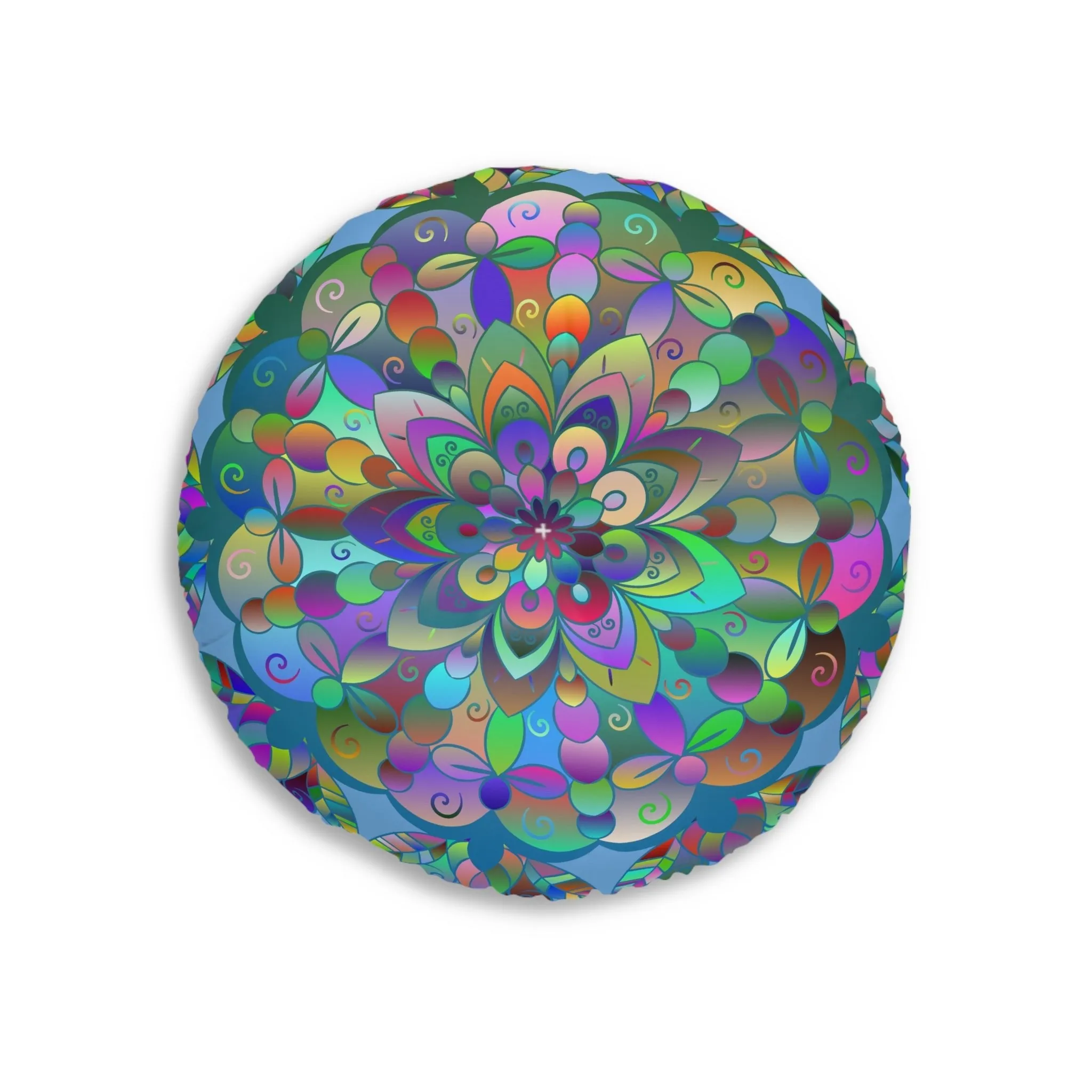 Hand Drawn Mandala Floor Cushion - Colorful on Light Blue - Tufted Round