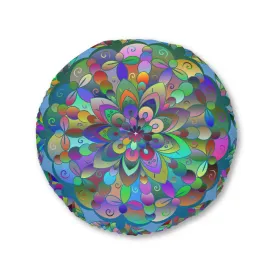 Hand Drawn Mandala Floor Cushion - Colorful on Light Blue - Tufted Round