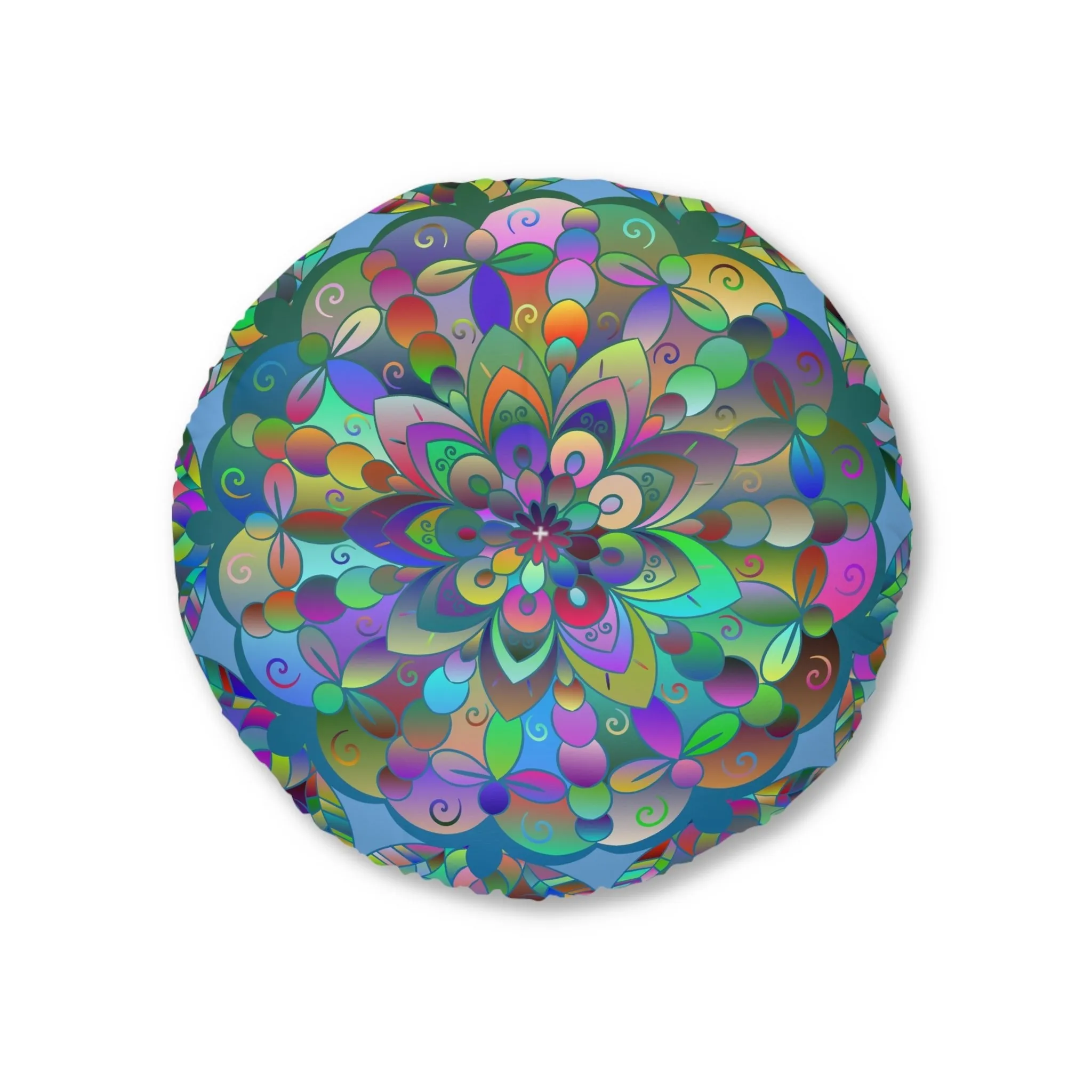 Hand Drawn Mandala Floor Cushion - Colorful on Light Blue - Tufted Round