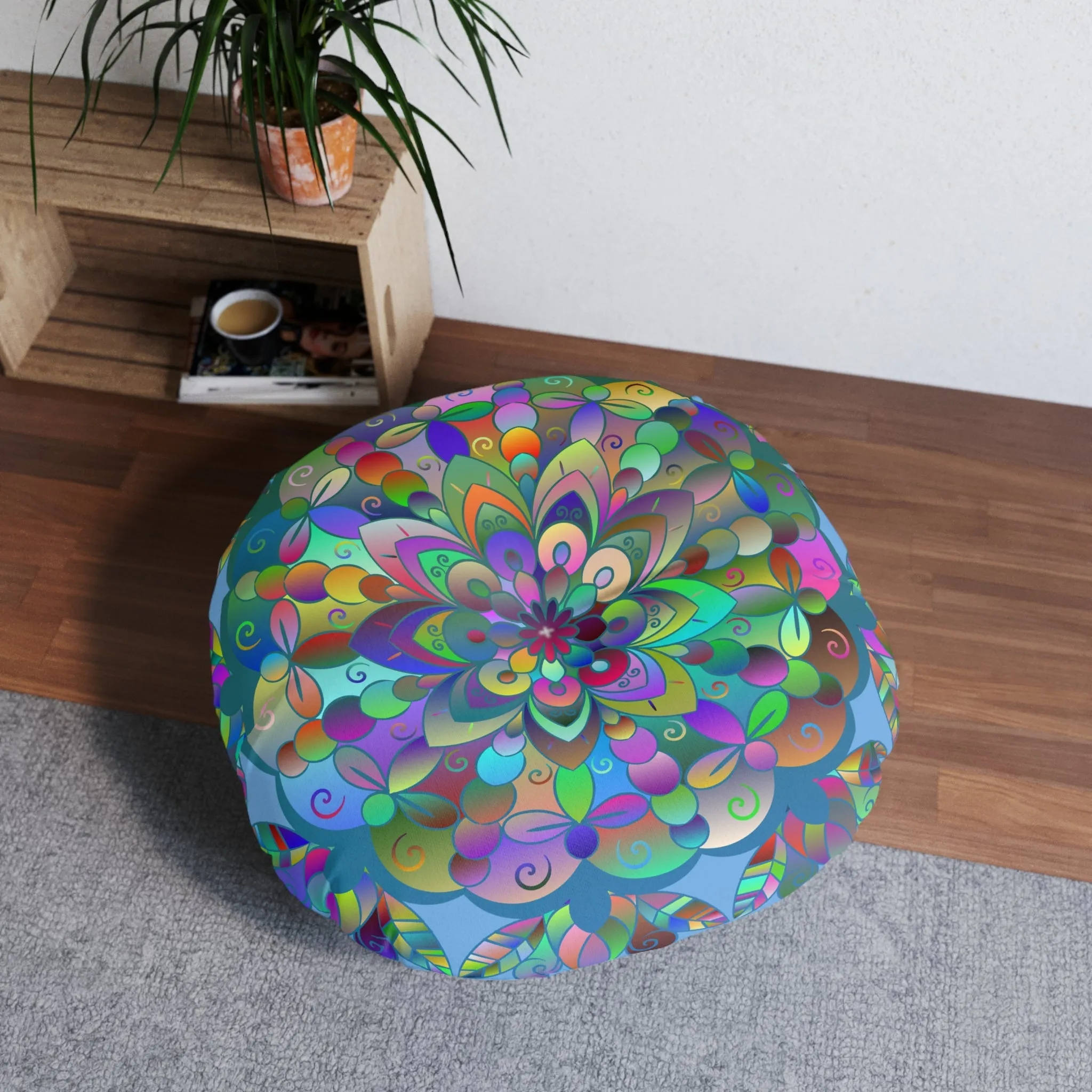 Hand Drawn Mandala Floor Cushion - Colorful on Light Blue - Tufted Round