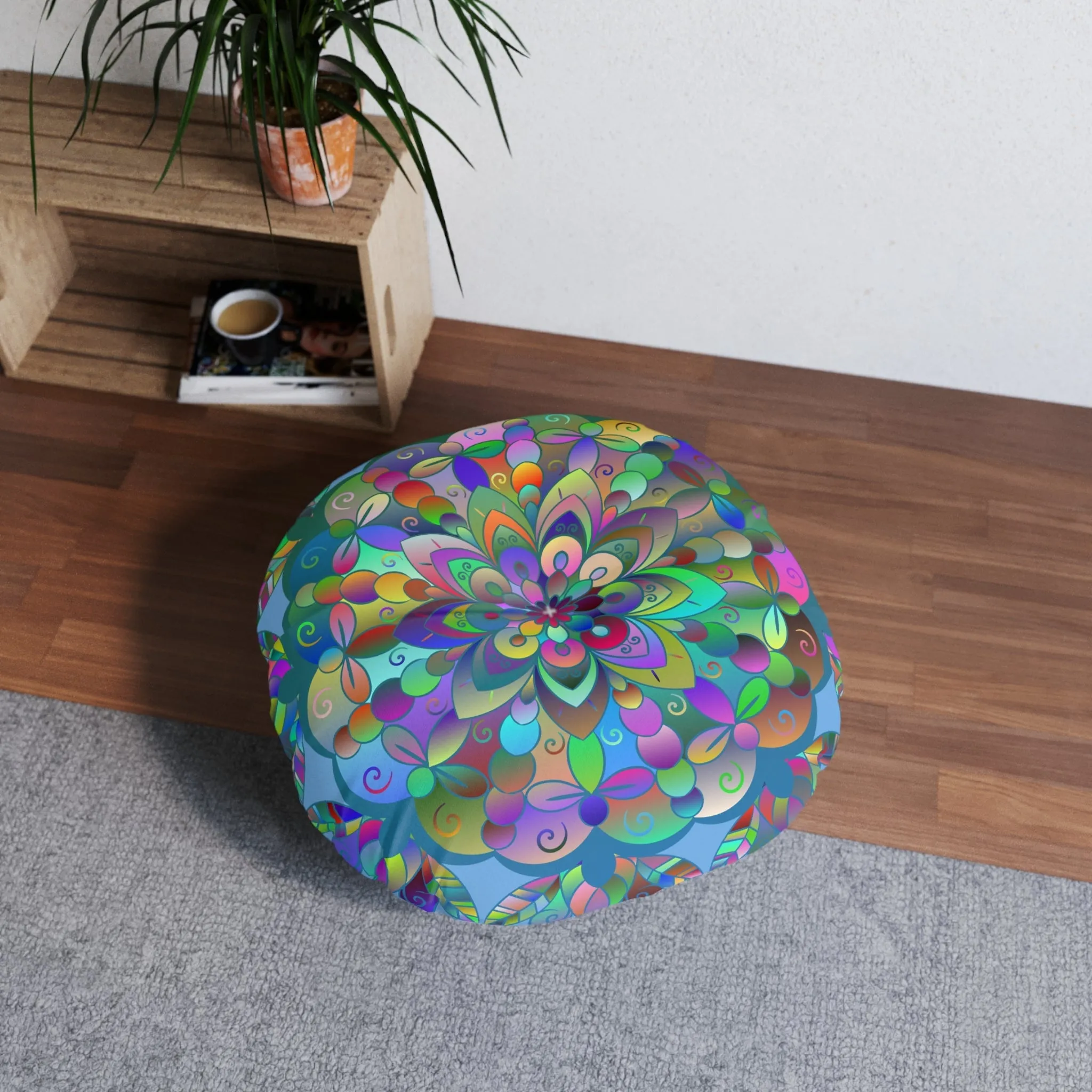 Hand Drawn Mandala Floor Cushion - Colorful on Light Blue - Tufted Round