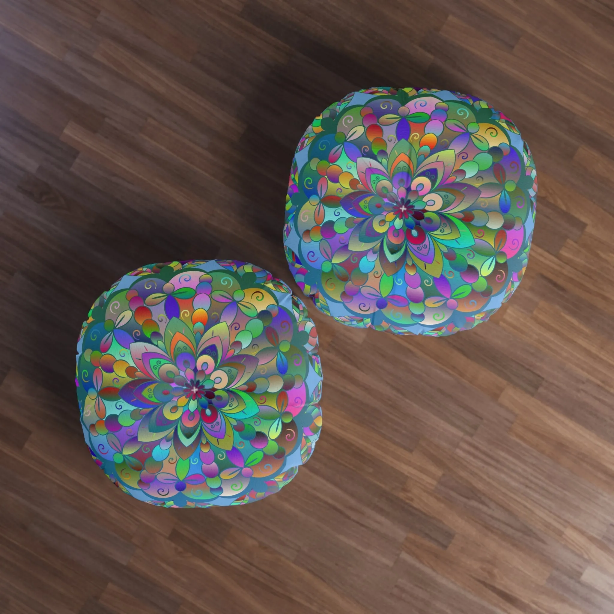 Hand Drawn Mandala Floor Cushion - Colorful on Light Blue - Tufted Round