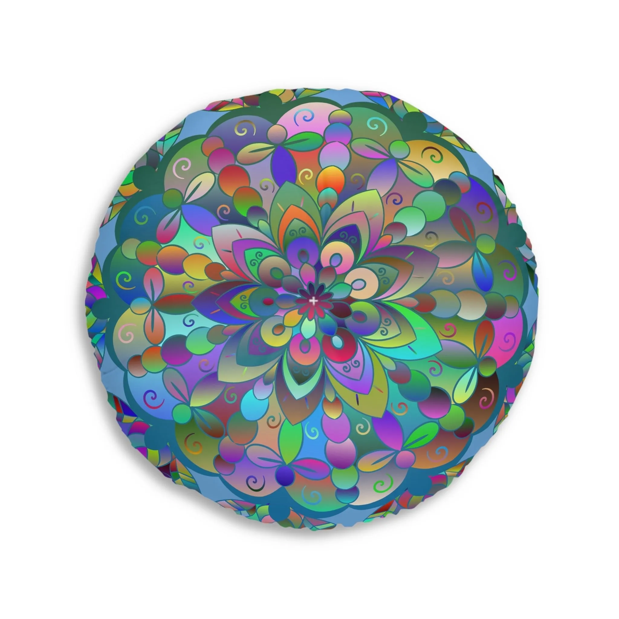 Hand Drawn Mandala Floor Cushion - Colorful on Light Blue - Tufted Round