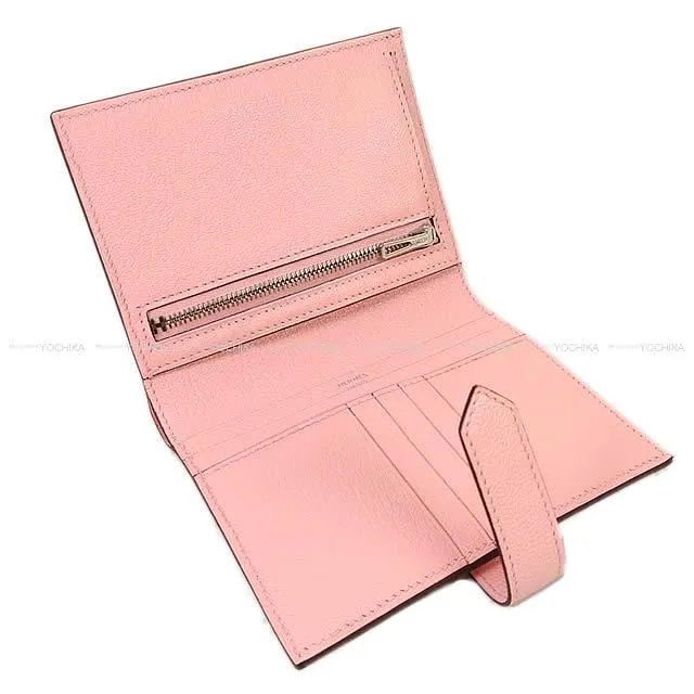 HERMES Bi-fold wallet Bearn Compact Rose Sakura Chevre Myzore Silver HW Stamp U[BRAND NEW][Authentic]