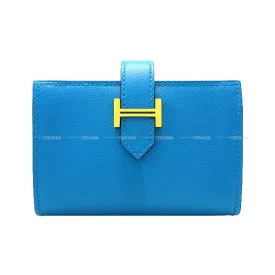 HERMES Bi-fold wallet Bearn Mini Card holder With Coin purse Blue Fride Veau madame Gold HW Stamp B[EXCELLENT][Authentic]