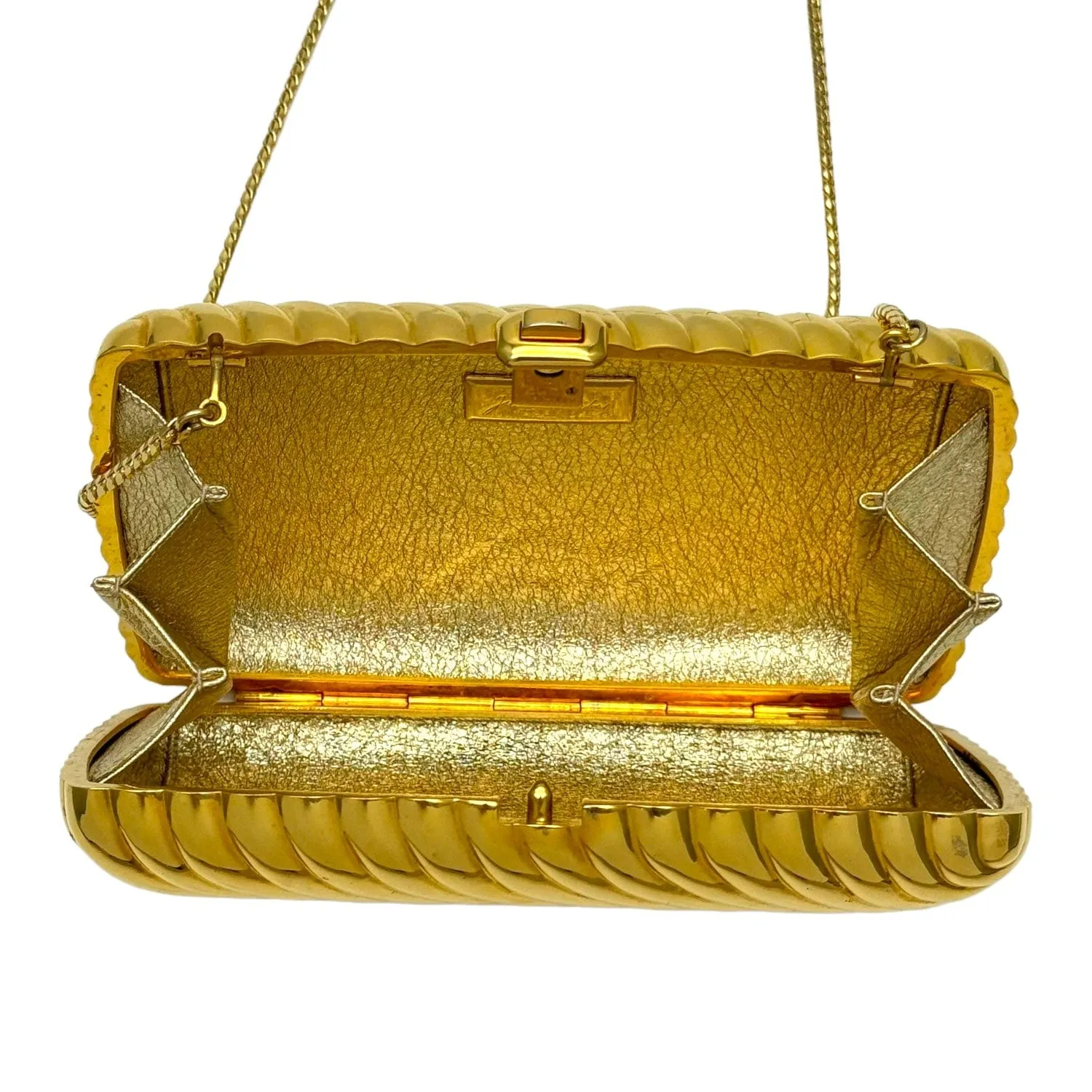 JUDITH LEIBER Vintage Ribbed Metal Clutch Evening Bag - Gold